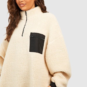 Custom Women's Winter Oversized <b>Stand</b> Collar Fleece Pullover Hoodie Plus Size Solid Cream Long Sleeve Teddy Sherpa Sweatshirt - Product Image 3