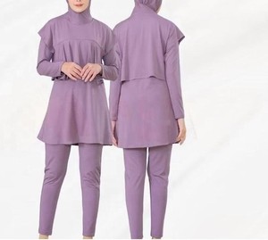 Ensemble tailleur modeste pour femme : robe trapèze violette à col montant et manches longues avec pantalon, en fibre de polyester respirante, longueur genou, tenue de cérémonie - Product Image 1