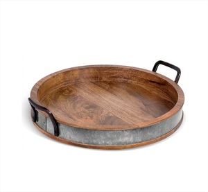 Designer Wooden And Iron Serving <b>Tray</b> Featuring Contemporary Linear Texture And Refined Metal Handles - Product Image 1