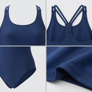 REDDITO Women's <b>Bikini</b> Solid Navy Blue Crew Neck Spandex Polyester Stretch Front Logo Design High Waist Breathable Anti-chlorine - Product Image 5