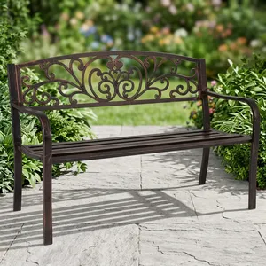 Banco de Jardín Decorativo de Metal para Exteriores con Respaldo y Reposabrazos con Diseño Floral para Patio, Césped, Parque, Balcón y Terraza - Product Image 4