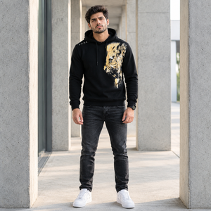 Sudadera con Capucha Negra de Invierno para Hombre, Manga Larga, Forro Polar, Secado Rápido, Estampado Gráfico de León, Estampado Serigrafiado, Informal - Product Image 5