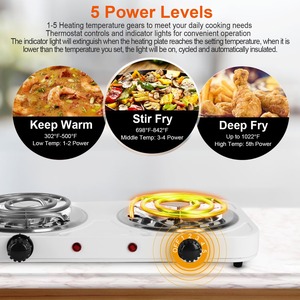 1Pc 2000W Electric <b>Double</b> Burner <b>Hot</b> <b>Plate</b> Stove Portable Coil Heating 5 Temperature Adjustments Non-Slip Rubber Feet 2 Cookware - Product Image 3