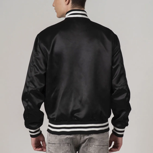 Men Black Satin <b>Jacket</b> With White Stripes Polyester Breathable Comfort Fit Sport Varsity <b>Jackets</b> With Patch Logo - Product Image 4