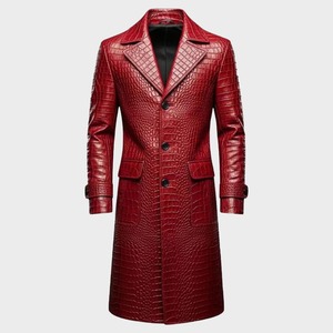 เสื้อโค้ทหนังลายจระเข้สีแดงสำหรับผู้ชาย แจ็คเก็ตยาวทำมือ - Product Image 1
