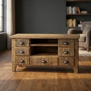 Meuble TV rustique en bois avec tiroirs et étagères ouvertes pour le rangement du salon, mobilier de maison - Product Image 4