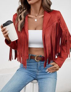 Blazer court rouge en faux daim à franges pour femme, manches longues, ouvert sur le devant, veste d'extérieur tendance automne - Product Image 4