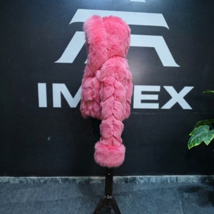 Pink Fur Hooded Down <b>Coat</b> With Fluffy Sleeve Cuffs Casual Winter Outerwear Short Length Zipper Closure - Product Image 3