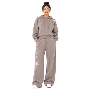 Floral Embroidered Custom Hoodies Hot Selling Tracksuit Oversized Hoodie and Relaxed Fit <b>Palazzo</b> <b>Pants</b> Two Piece Set Winter DTG - Product Image 1