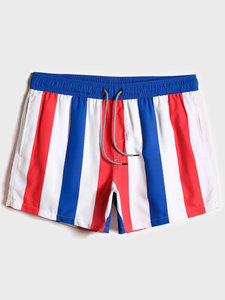 Shorts de Baño para Hombre, de Secado Rápido, con Rayas Rojas, Blancas y Azules, Cintura Media, Cordón Ajustable, Estampado por Sublimación - Product Image 1