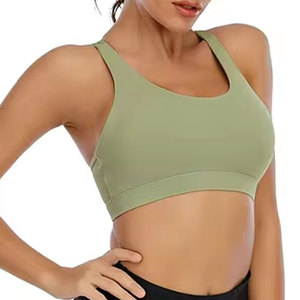 Women Seamless Sports <b>Bra</b> Scoop <b>Neck</b> <b>Halter</b> Strap High Support Yoga Workout Solid Color Olive Green Plus Size Four-Way Stretch - Product Image 4