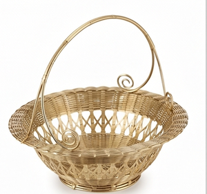 Cesta de Almacenamiento Artesanal de Alambre de Latón Tejido con Asa, Forma de Cuenco, Rústica, Multiusos, Organizador - Product Image 1
