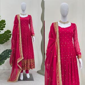 Elegante Salwar Kameez Moderno con Bordado de Lentejuelas y Dupatta Rojo para Boda, Moda FATEMA, Foux Georgette de Secado Rápido - Product Image 1