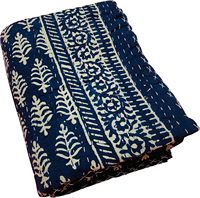 Couette traditionnelle en coton indigo Kantha Silkgram, motif floral bleu, cousue à la main, écologique, 300 fils au pouce carré, décoration intérieure