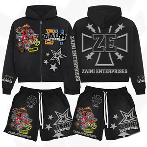 Sudadera con Capucha y Pantalones Cortos de Forro Polar de Poliéster/Algodón Premium de 340 GSM, Transpirable, Color Negro, con Logotipo Personalizado Aplicado, Ropa Urbana de Invierno - Product Image 1