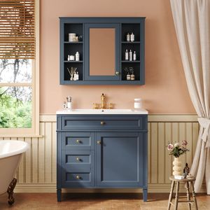 Mobile Bagno Moderno da 36 Pollici con Armadietto Portamedicinali, 2 Ante con Chiusura Ammortizzata, 4 Cassetti, Lavabo Singolo - Product Image 1