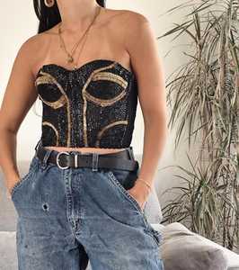 COTTON COUTURE Women's <b>Strapless</b> Sequin Solid Gold 100% Polyester Sexy & Club Camis Crop <b>Top</b> Sleeveless - Product Image 1