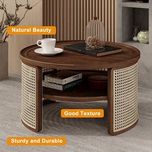 Tavolino da Caffè Rotondo a 2 Livelli in Legno con Base in Rattan e Vano Portaoggetti 31,3 Pollici - Product Image 6