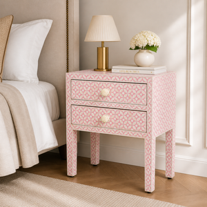 Pink Bone Inlay Nightstand 2 <b>Drawer</b> Bedside Table Modern Geometric Wood <b>Side</b> Cabinet for Bedroom Living Room Apartment & Hotel - Product Image 2