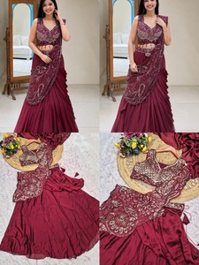 Ensemble Lehenga Choli Saree en Soie Véritable Brodé Bordeaux à Séchage Rapide, Longueur Ras du Sol, Tenue de Mariage et de Fête pour Femme - Shivam Hub - Product Image 2