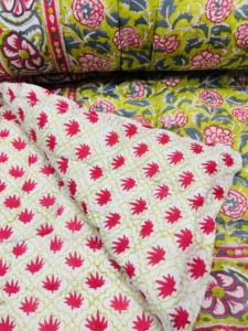 Reversible Printed <b>Quilt</b> Floral Pattern Green Pink Gray Striped Border Bohemian Style All Season Home Use Cotton Handmade - Product Image 4