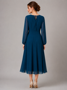 Robe Western Unie Bleu Teal Imprimée Col Profond Manches Longues Dos Noué Évasée en Chiffon Longueur Midi Décontractée Confortable pour Femme - Product Image 3