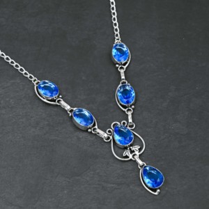 สร้อยคอเงินแท้ประดับมุกน้ำจืดทรงลูกแพร์สีฟ้าโทแพซสังเคราะห์ งานแฮนด์เมดสั่งทำพิเศษ ของขวัญแต่งงานสุดหรู - Product Image 3