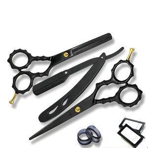 Professional Black Coated Stainless Steel Hair Cutting Thinning Scissors and <b>Barber</b> Razor <b>Set</b> for Salon Styling - Product Image 1