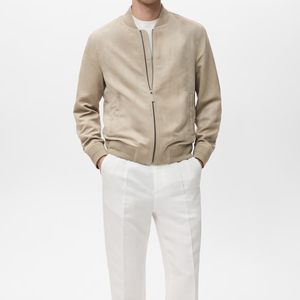 <b>Men's</b> Beige <b>Suede</b> Bomber <b>Jacket</b> Stand Collar Zipper Closure Casual Regular Fit Autumn Wear - Product Image 3