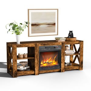 Mobile TV a doppia faccia da 58 pollici color legno, con caminetto a libera installazione da 18 pollici, dimensioni 149x40x60 cm, mobiletto a croce a doppia faccia - Product Image 1