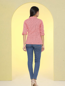 Camisa de Algodón con Estampado Tipo Slub Color Durazno para Mujer, con Botones en la Parte Delantera y Mangas Tres Cuartos, Diseño Informal Internacional - Product Image 4