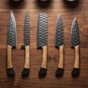 Juego de Cuchillos de Chef Hechos a Mano al por Mayor, de Alta Calidad, Personalizados, de Acero con Alto Contenido de Carbono, Juego de 5 Piezas para Exteriores con Funda de Cuero - Product Image 3