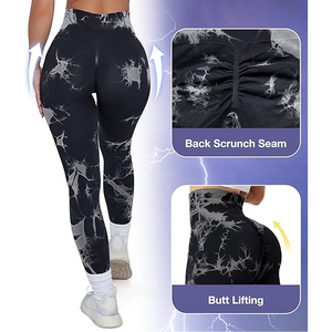 High Waist Printed <b>Leggings</b> Full Length Push Up Sporty Yoga Pants Black Gray Tie Dye Pattern <b>Seamless</b> - Product Image 3