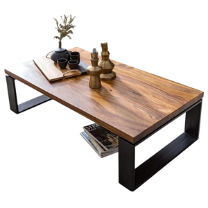 Mesa de Centro Industrial de Madera Maciza de Mango con Acabado en Miel y Base Metálica Negra Plegable y Resistente para Hogar, Oficina, Restaurante - Product Image 2