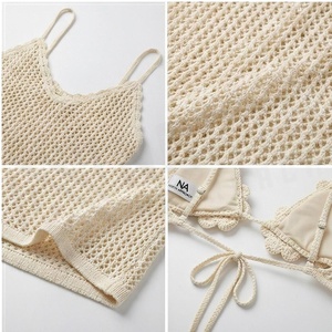 Women 2 Piece Crocheted <b>Bikini</b> <b>Set</b> With 3D Flower Decoration Halter Top And Knee Length <b>Skirt</b> Beige - Product Image 4