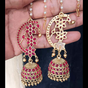 <b>Gold</b> Plated Pota Stone and Pearl Traditional Jhumki <b>Dangle</b> <b>Earrings</b> - Product Image 4