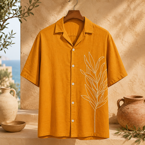 เสื้อเชิ้ตผู้ชายลำลองพรีเมียมสีมัสตาร์ด ผ้าฝ้าย แขนครึ่ง ปักลายใบไม้สีขาว ติดกระดุม สำหรับขายส่ง - Product Image 3
