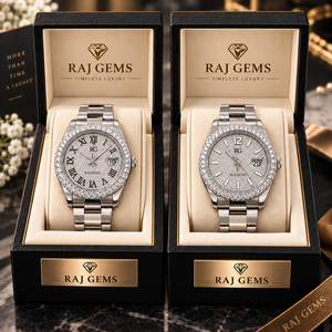 Reloj de Cuarzo de Lujo Raj Gems con Esfera de Acero Inoxidable, Visualización de Fecha, Bisel de Moissanita, Números Romanos, Alta Calidad, Unisex - Product Image 1