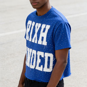 Camiseta de algodón oversize con lavado ácido de marca privada, estampado gráfico, aplique de letras de chenilla personalizado, estilo urbano, para hombre - Product Image 2
