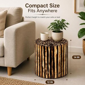 Mesa Auxiliar Compacta de Bambú, Estilo Rústico, Otomana Decorativa, Estante Auxiliar para Cama, Redonda y Portátil para Sala de Estar - Product Image 1