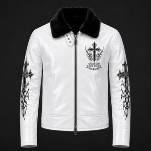 Custom White Leather Jacket Men's Gothic Cross Print Faux Fur Collar Biker Jacket <b>Winter</b> Fashion <b>Coat</b> - Product Image 1