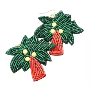 Hand-beaded palm tree earrings Ethnic chic jewelry Funky beach earrings Vibrant seed bead jewelry