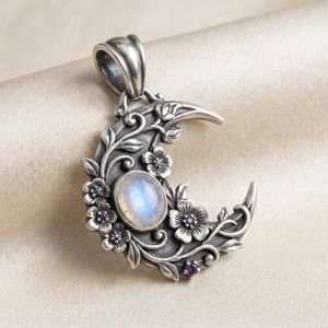 Pendentif Charme Vintage Fleur et Lune Croissante en Argent S925 avec Pierre de Lune et Gemme Bleue Violette, Bijou de Fiançailles, Cadeau pour Elle - Product Image 1
