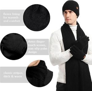 Cute <b>Black</b> 3 Piece Winter Set Ribbed Knit Beanie Hat <b>Scarf</b> Gloves with Non Slip Grip for <b>Men</b> Women Adults Outdoor - Product Image 3