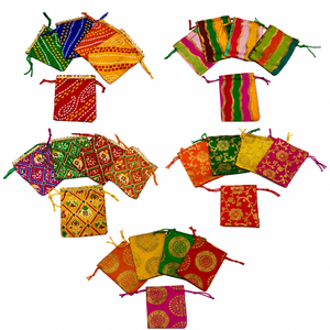Sac Potli artisanal pour mini-cadeaux de fête, pochette en tissu à cordon de serrage de couleur assortie avec doublure intérieure, imprimé des deux côtés, sac cadeau - Product Image 1