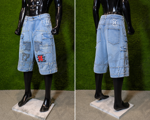 Light Wash <b>Denim</b> <b>Cargo</b> <b>Shorts</b> <b>Men</b> Patchwork Embroidery Cotton Spandex High Waist Vintage Eco-Friendly Casual Streetwear - Product Image 4