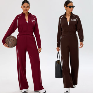 Nouvel ensemble de survêtement 2 pièces pour femme avec fermeture éclair intégrale, motif rayé, coupe ample, pour le sport, la course et le fitness - Product Image 1