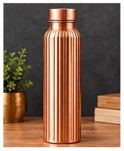 Ayurvedic Blue and Gold Floral <b>Copper</b> <b>Water</b> <b>Bottle</b> with <b>Copper</b> Lid Portable Travel Drinkware - Product Image 2