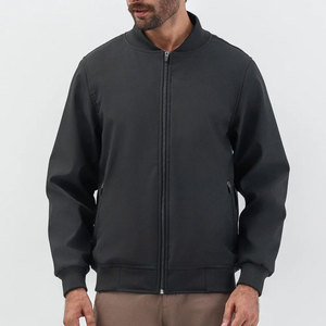 Men's Black Bomber <b>Jacket</b> Polyester Shell Zipper Closure Stand Collar Casual Autumn Wear Regular Fit Windproof <b>Fleece</b> <b>Lining</b> - Product Image 1