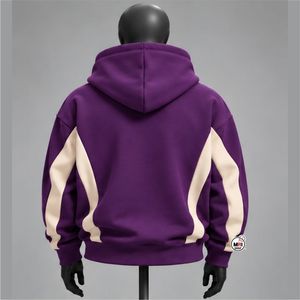 Sweat-shirt à capuche pour homme de haute qualité, violet, avec empiècements crème, coupe ample, décontracté, pour l'automne, en molleton tricoté - Product Image 3